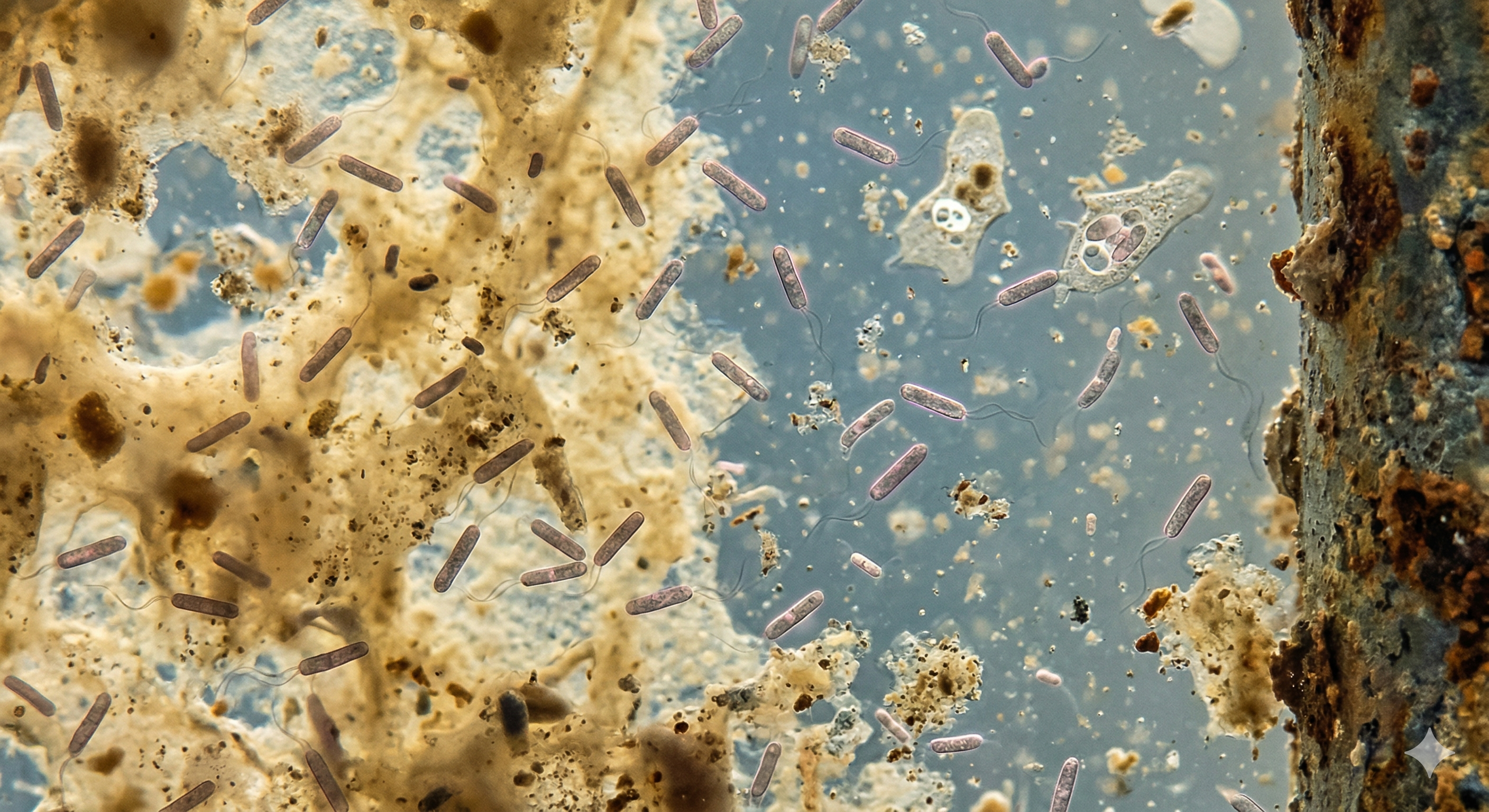 Biofilm en tubería — ecosistema complejo donde sobrevive la Legionella